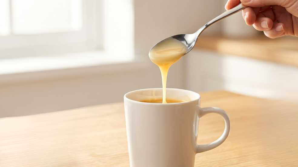 Hand Pours Sweetened Condensed Milk In Coffee