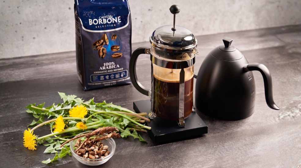 Dandelion Root Coffee Replacement with 100% Arabica Whole Bean Coffee in a French Press