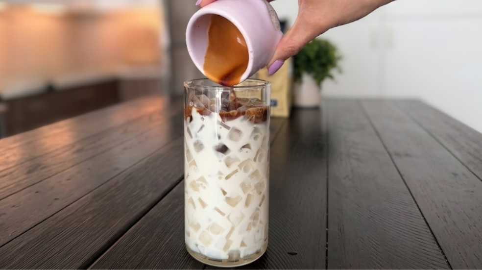 ingredients of espresso, milk, and vanilla syrup for ube latte near me